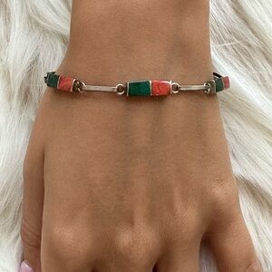 Navajo925 sterling Greens and Coral Inlay Sterling Link Bracelet​